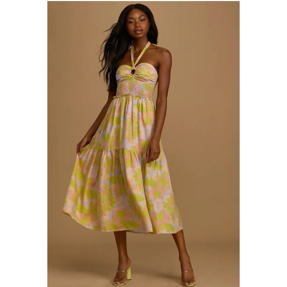 Wayf Linen Dress Reid Smocked Halter Floral Midi Romantic Flirty Sz S Lined - Picture 1 of 14
